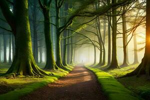 une chemin par le les bois avec des arbres et herbe. généré par ai photo