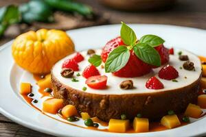 une dessert avec fruit et des légumes sur une blanc plaque. généré par ai photo