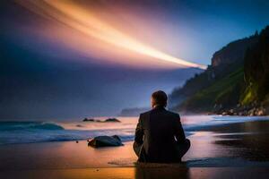 une homme séance dans méditation sur le plage à le coucher du soleil. généré par ai photo