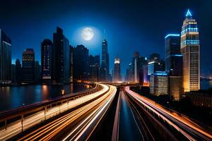 une ville à nuit avec circulation lumières et une plein lune. généré par ai photo