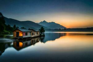 une maison sur le l'eau à le coucher du soleil. généré par ai photo