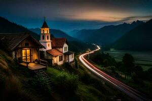 une église et une Montagne route à nuit. généré par ai photo