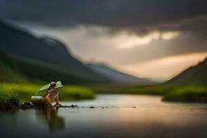 une grenouille séance sur le bord de une rivière. généré par ai photo