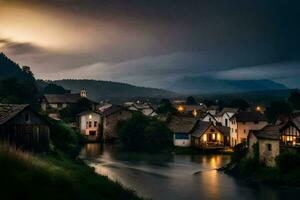 photo fond d'écran le ciel, des nuages, rivière, Maisons, montagnes, village, nuit, rivière,. généré par ai