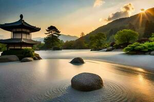 une Japonais pagode dans le milieu de une lac. généré par ai photo