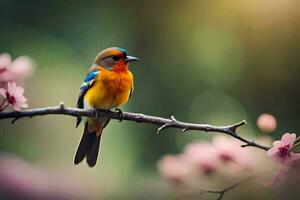 une coloré oiseau est assis sur une branche avec rose fleurs. généré par ai photo