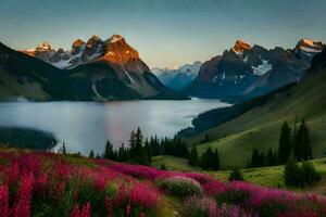 le Soleil monte plus de le montagnes et Lac dans cette magnifique paysage. généré par ai photo