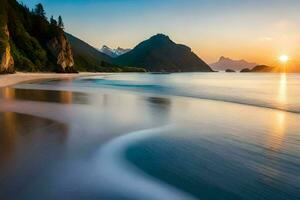 le Soleil ensembles plus de une plage et montagnes. généré par ai photo