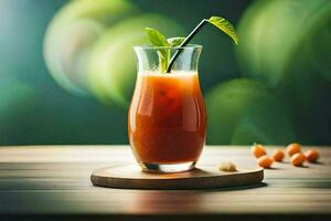 une verre de jus avec une paille sur une en bois tableau. généré par ai photo