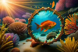 une poisson est réfléchi dans une miroir sur le océan sol. généré par ai photo