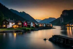 photo fond d'écran le ciel, montagnes, eau, Maisons, le mer, le montagnes, Norvège. généré par ai