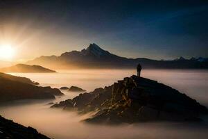 une la personne permanent sur Haut de une Montagne à lever du soleil. généré par ai photo