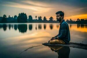 homme méditer dans de face de Lac à le coucher du soleil. généré par ai photo