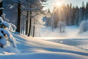 neige couvert des arbres et le Soleil brillant par le des arbres. généré par ai photo