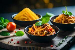 spaghetti avec tomate sauce et basilic feuilles dans une bol. généré par ai photo