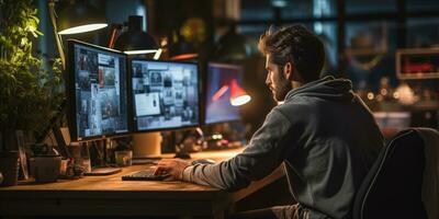 retour vue portrait de une Jeune homme en utilisant portable à le sien lieu de travail génératif ai photo