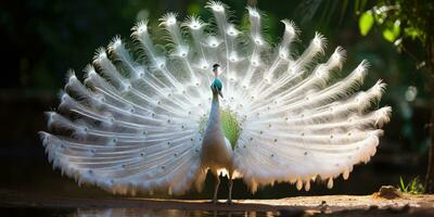 une magnifique blanc paon montrant de ses magnifique plumes, ai génératif photo