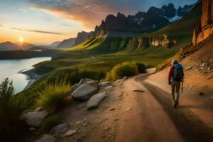 une homme des promenades le long de une chemin dans le montagnes à le coucher du soleil. généré par ai photo