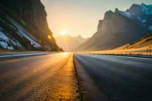 une route avec le Soleil réglage derrière il. généré par ai photo