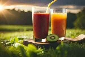 deux des lunettes de jus avec fruit sur le herbe. généré par ai photo