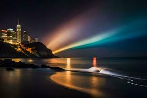 le ville lumières en haut dans le nuit avec une arc en ciel lumière. généré par ai photo