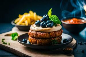 une assiette avec une Burger et frites sur il. généré par ai photo