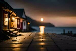 une rue avec Maisons et une plage à nuit. généré par ai photo