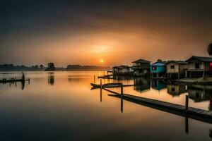 une magnifique lever du soleil plus de une Lac avec Maisons sur le rive. généré par ai photo