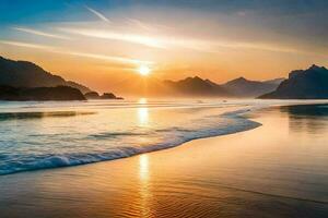 le Soleil réglage plus de une plage et montagnes. généré par ai photo