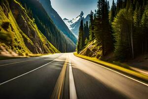 une route dans le montagnes avec des arbres et montagnes dans le Contexte. généré par ai photo