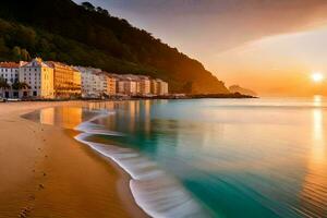 le Soleil ensembles plus de une plage et bâtiments. généré par ai photo