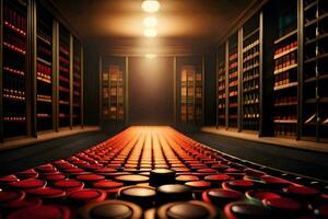 une longue rangée de rouge du vin bouteilles dans une du vin cave. généré par ai photo