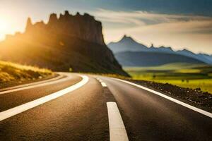 une route avec le Soleil réglage derrière il. généré par ai photo