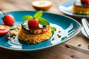 une assiette avec Pâtes et des fraises sur il. généré par ai photo