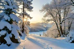 le Soleil brille par le des arbres dans une neigeux forêt. généré par ai photo