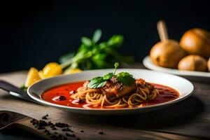 spaghetti avec Boulettes de viande et tomate sauce dans une blanc bol. généré par ai photo