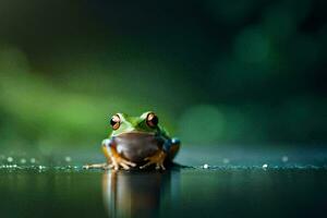 une grenouille séance sur le sol avec l'eau gouttelettes sur il. généré par ai photo