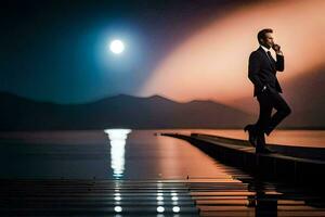 une homme dans une costume est en marchant sur une Dock à nuit. généré par ai photo