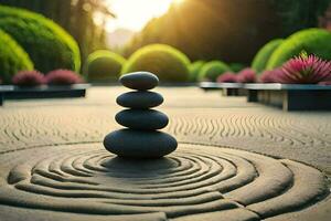 une Zen jardin avec des pierres empilés sur Haut de chaque autre. généré par ai photo