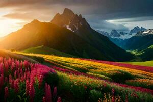 le Soleil brille sur une magnifique champ de fleurs et montagnes. généré par ai photo