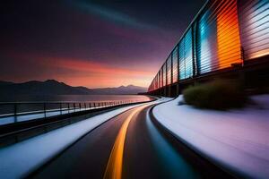 une train en voyageant le long de une neigeux route à le coucher du soleil. généré par ai photo