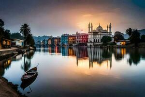 le ville de delhi à le coucher du soleil. généré par ai photo