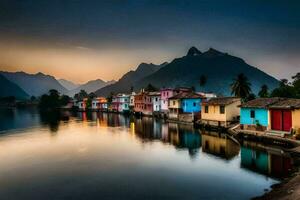 coloré Maisons sur le rive de une Lac à le coucher du soleil. généré par ai photo