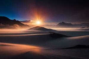 le Soleil monte plus de une Montagne intervalle avec brouillard. généré par ai photo