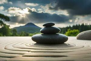 une Zen jardin avec des pierres et une Montagne dans le Contexte. généré par ai photo