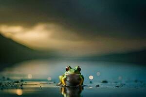 une grenouille séance sur le bord de une lac. généré par ai photo