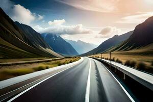 une longue route avec montagnes dans le Contexte. généré par ai photo