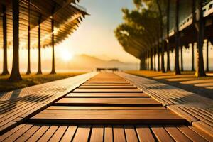 une en bois passerelle pistes à le Soleil. généré par ai photo