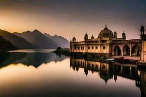 le Soleil ensembles plus de une mosquée dans Inde. généré par ai photo