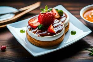 une dessert avec des fraises et Chocolat sauce. généré par ai photo